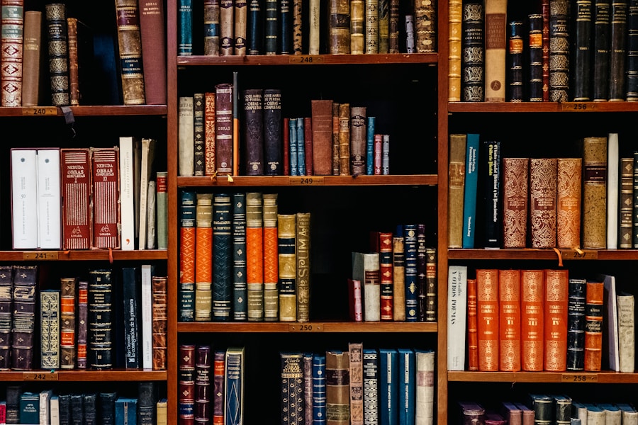 Rows of books on wooden shelves in a public library